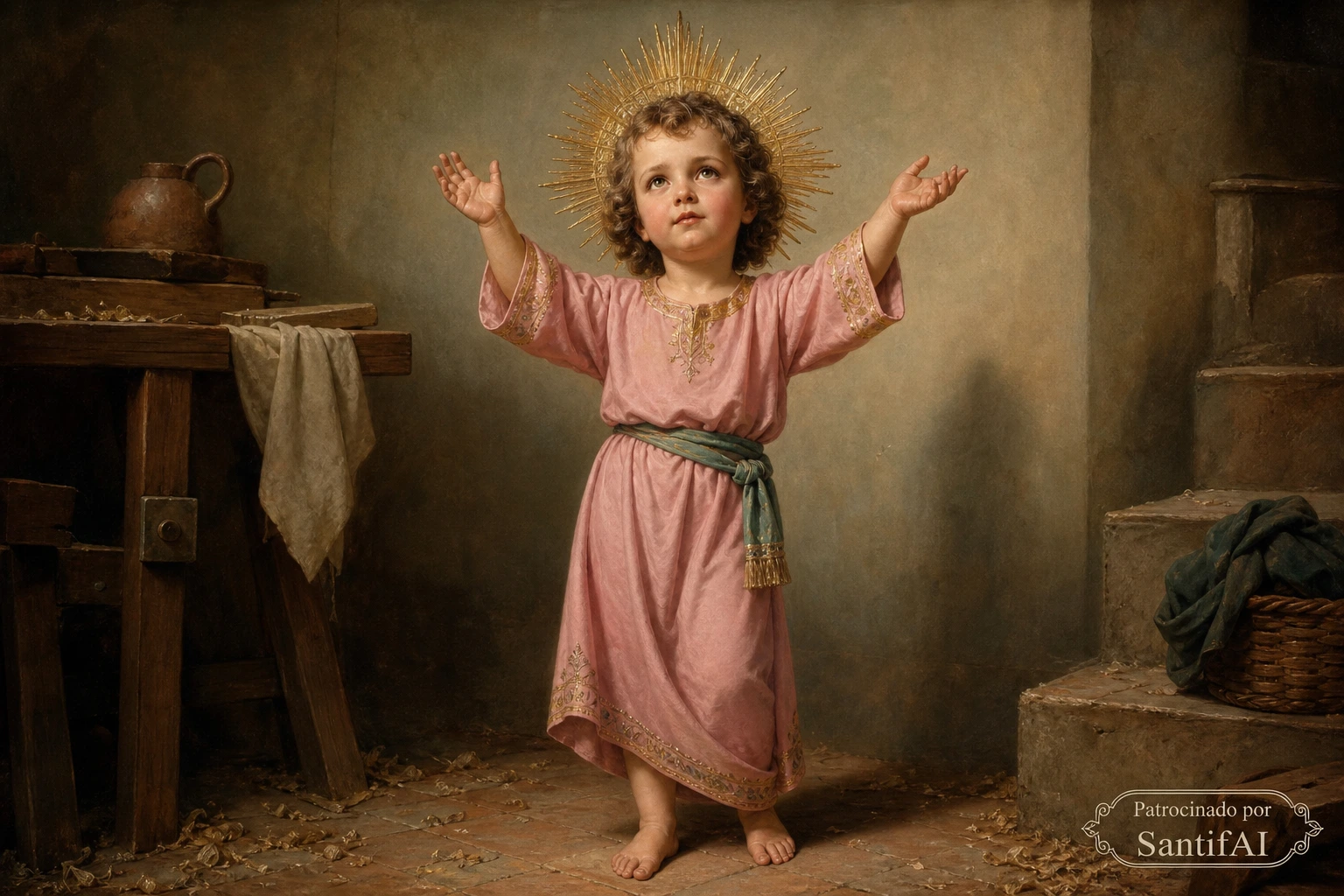 El Divino Niño Jesús con túnica rosa y los brazos abiertos