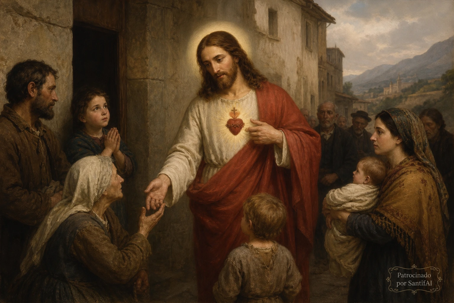 Imagen clásica de Jesucristo mostrando su Sagrado Corazón ardiente