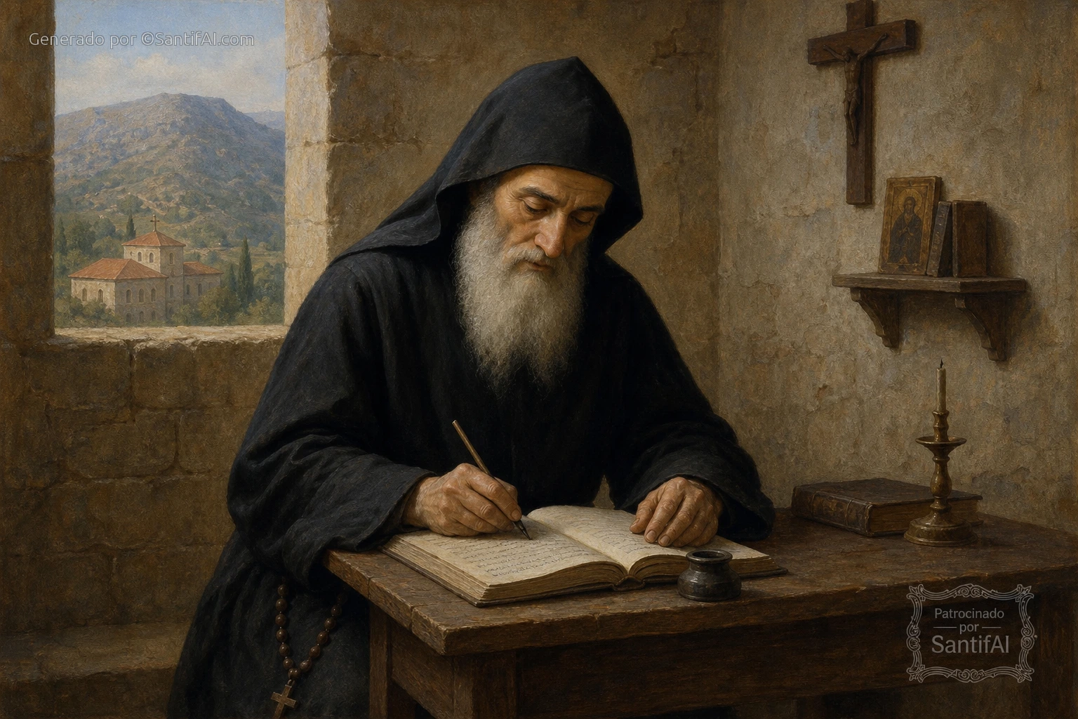 Saint Charbel in his black Maronite monk habit, looking down in prayer
