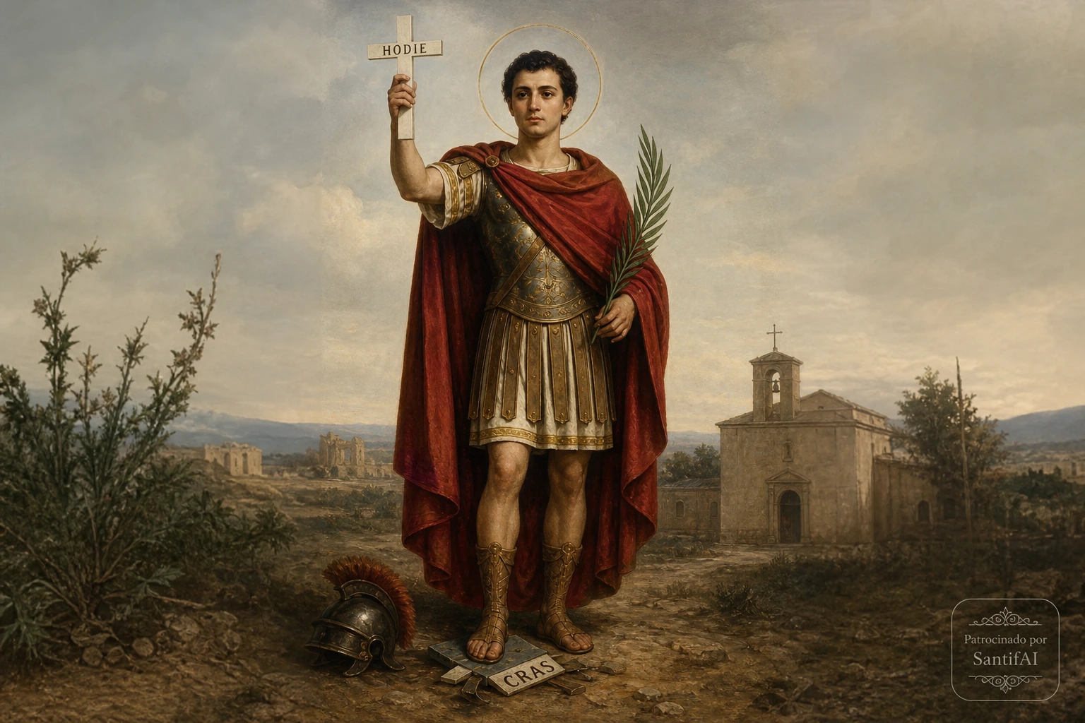 Saint Expedite as a Roman soldier holding the Hodie cross