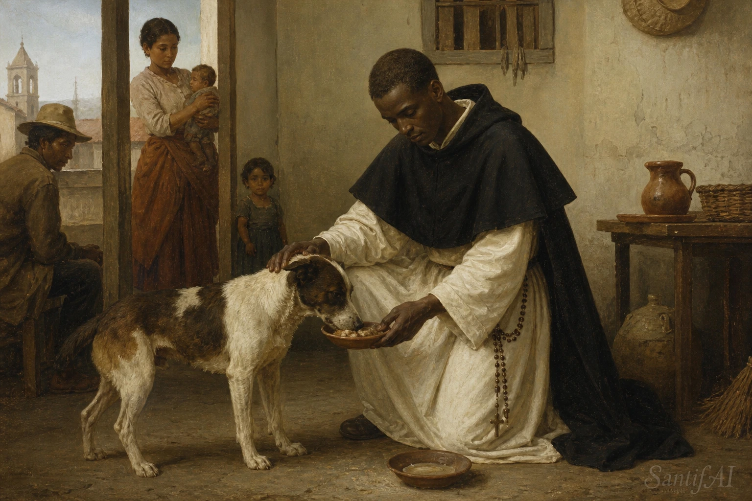 Saint Martin de Porres sweeping with a broom, surrounded by a dog, cat, and mouse