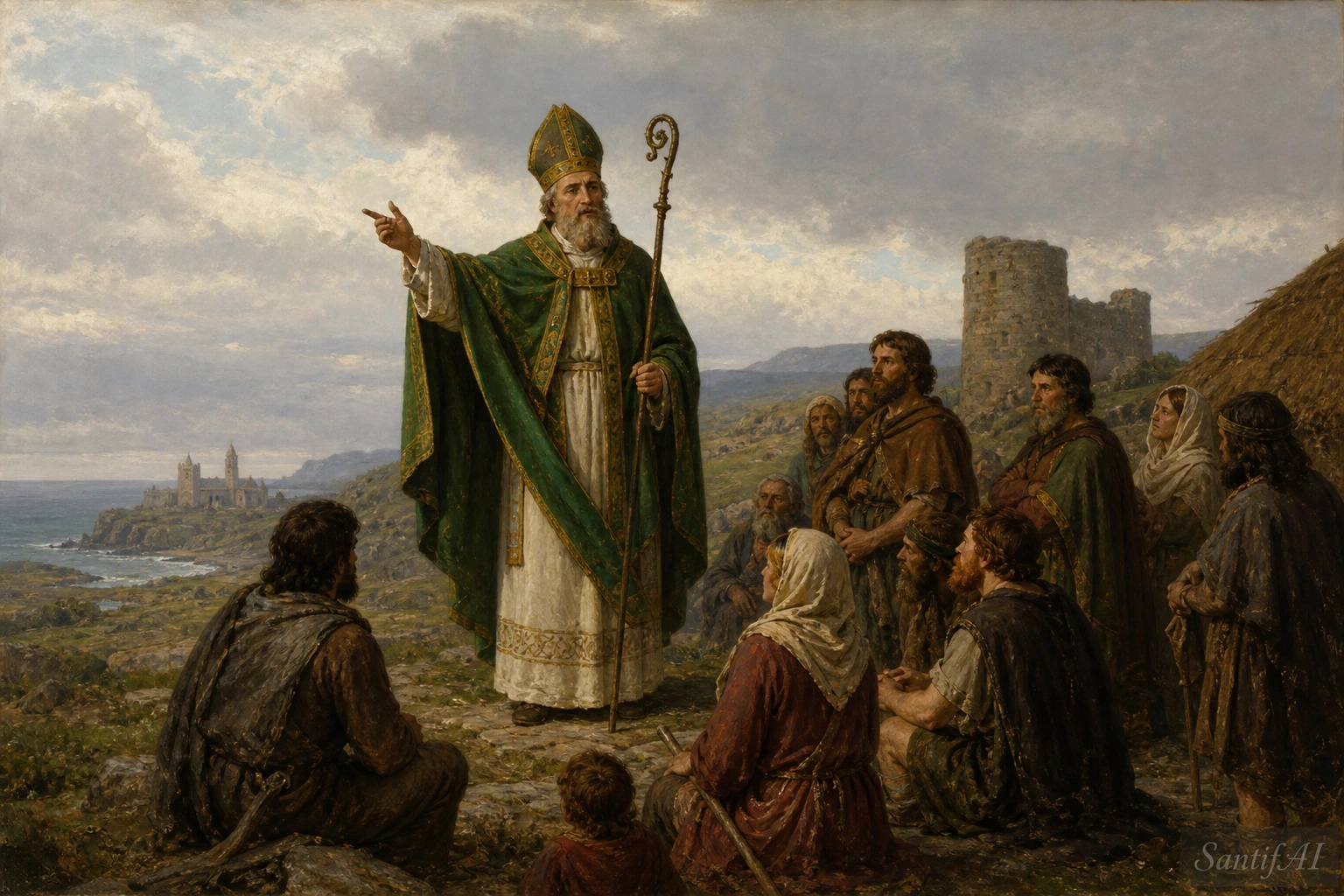 Saint Patrick with a shamrock and staff