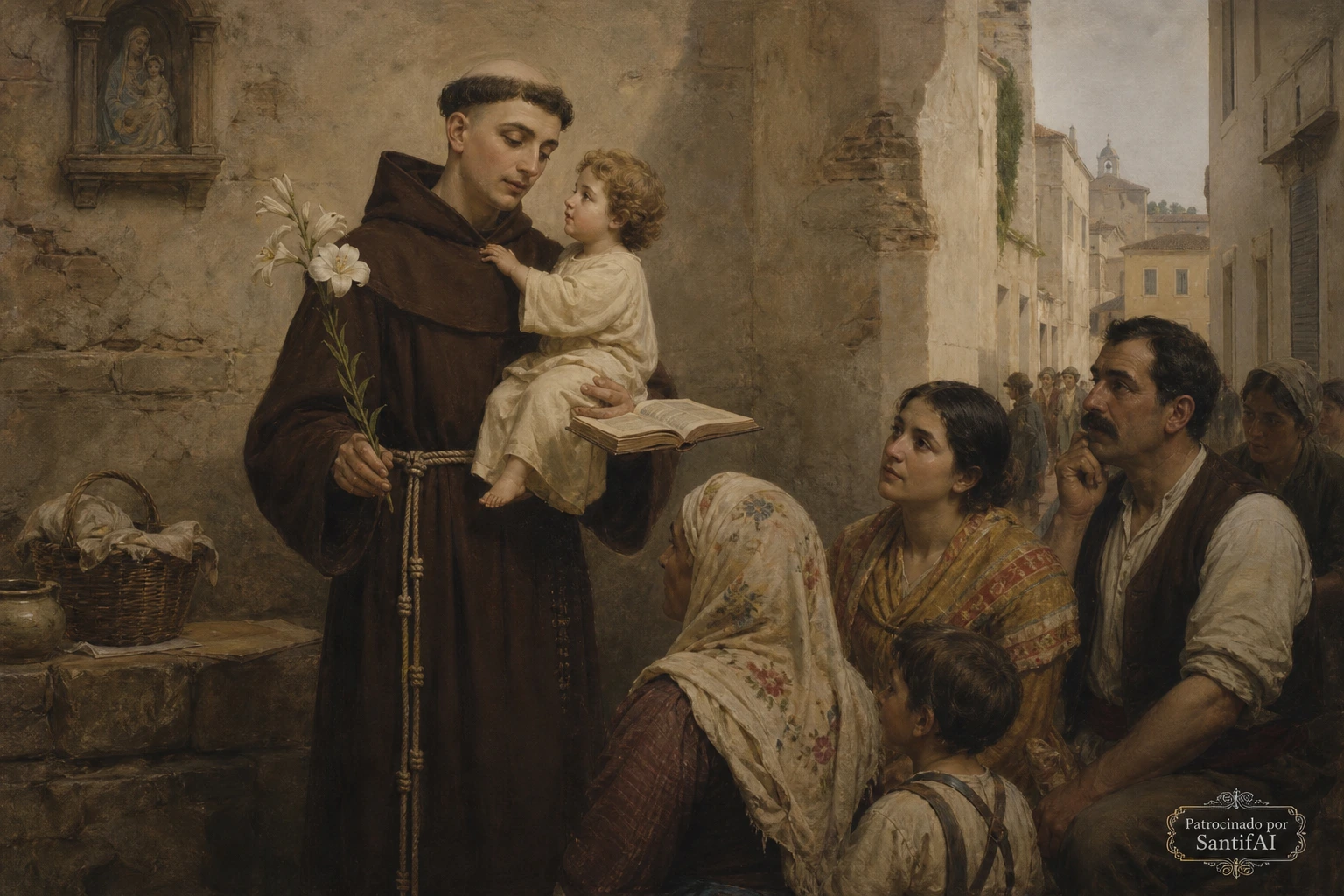 San Antonio con el Niño Jesús y lirios