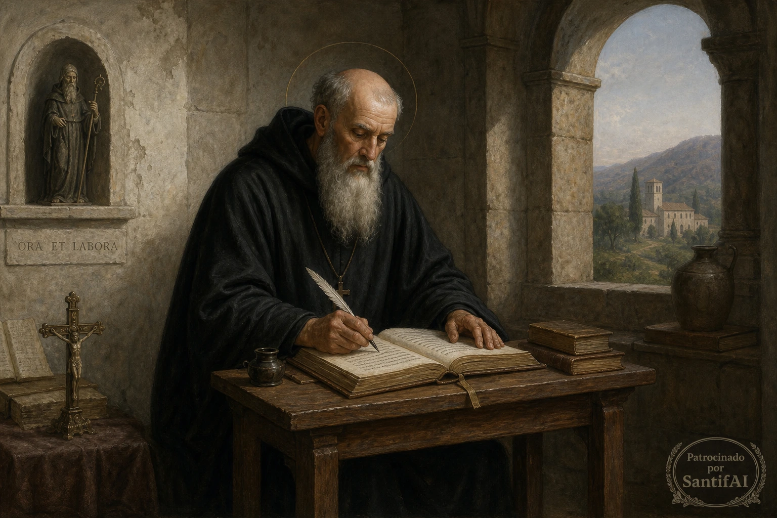 San Benito de Nursia sosteniendo su regla y su medalla