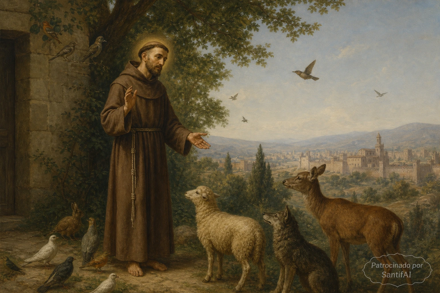 Pintura de San Francisco de Asís rodeado de animales y pájaros