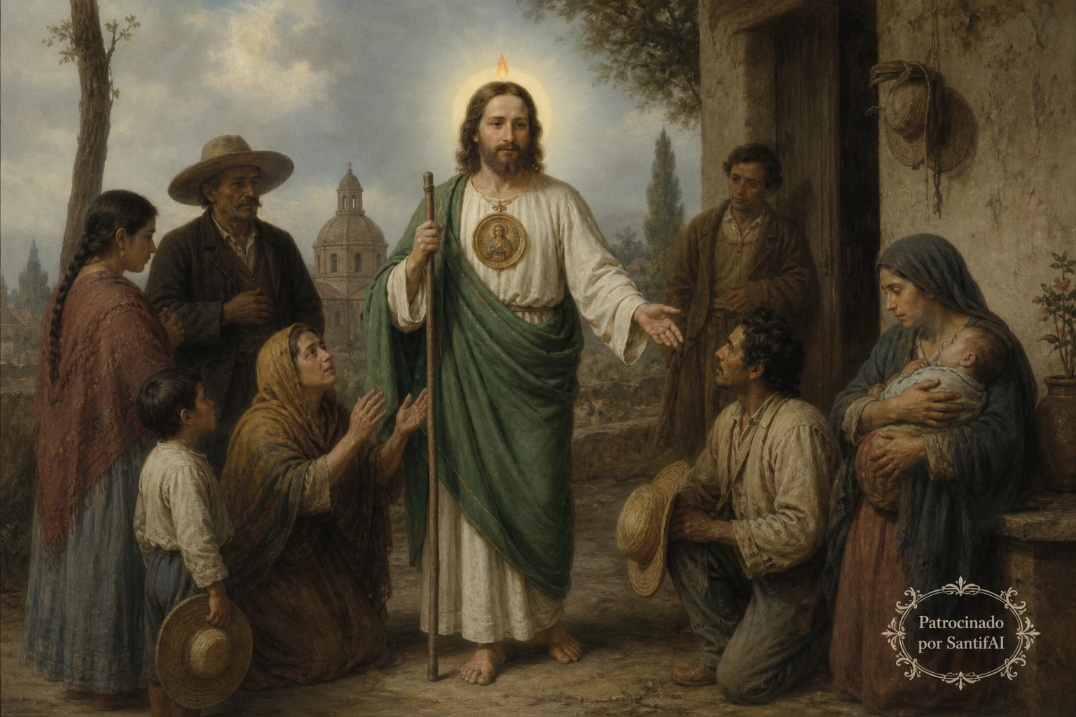 Imagen de San Judas Tadeo con el medallón de Cristo y un bastón