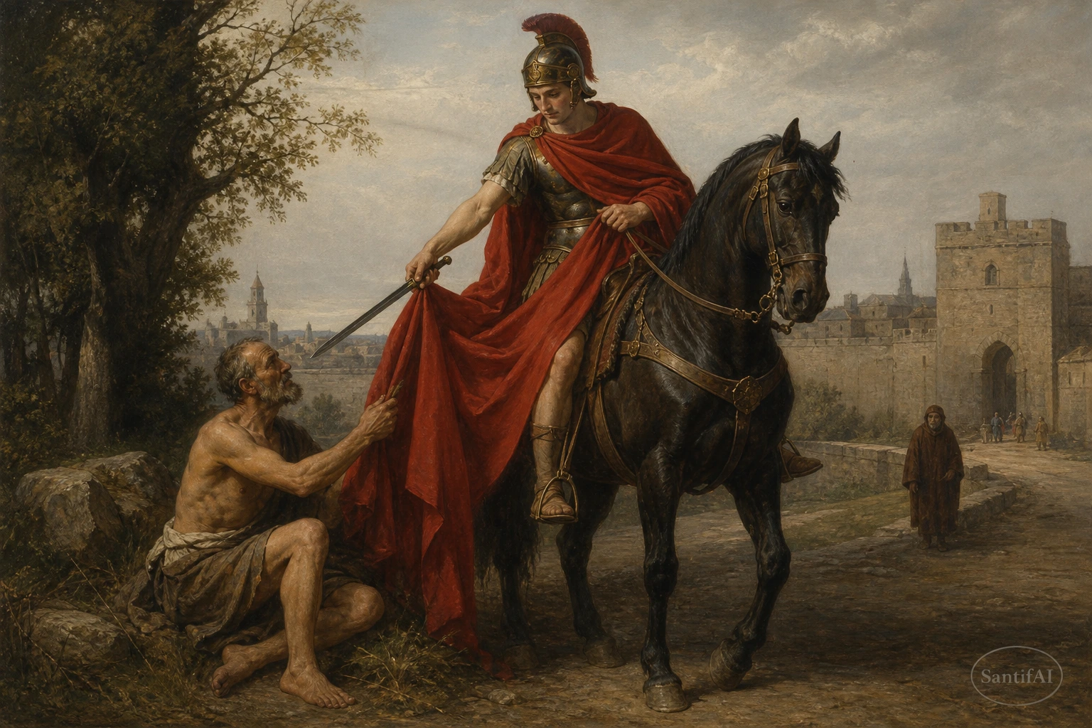 San Martín sobre su caballo partiendo su capa romana con la espada para dársela a un mendigo
