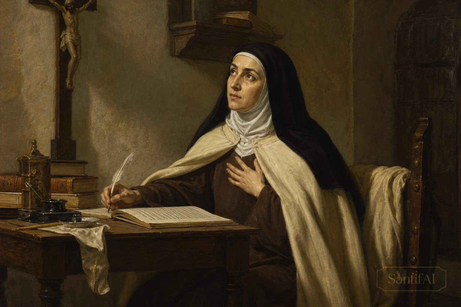 Retrato de Santa Teresa de Jesús escribiendo con pluma, con la mirada al cielo