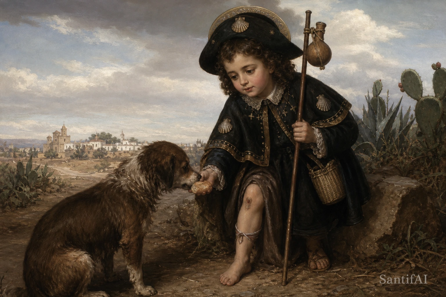 Imagen del Santo Niño de Atocha sentado con una canasta, báculo y sandalias